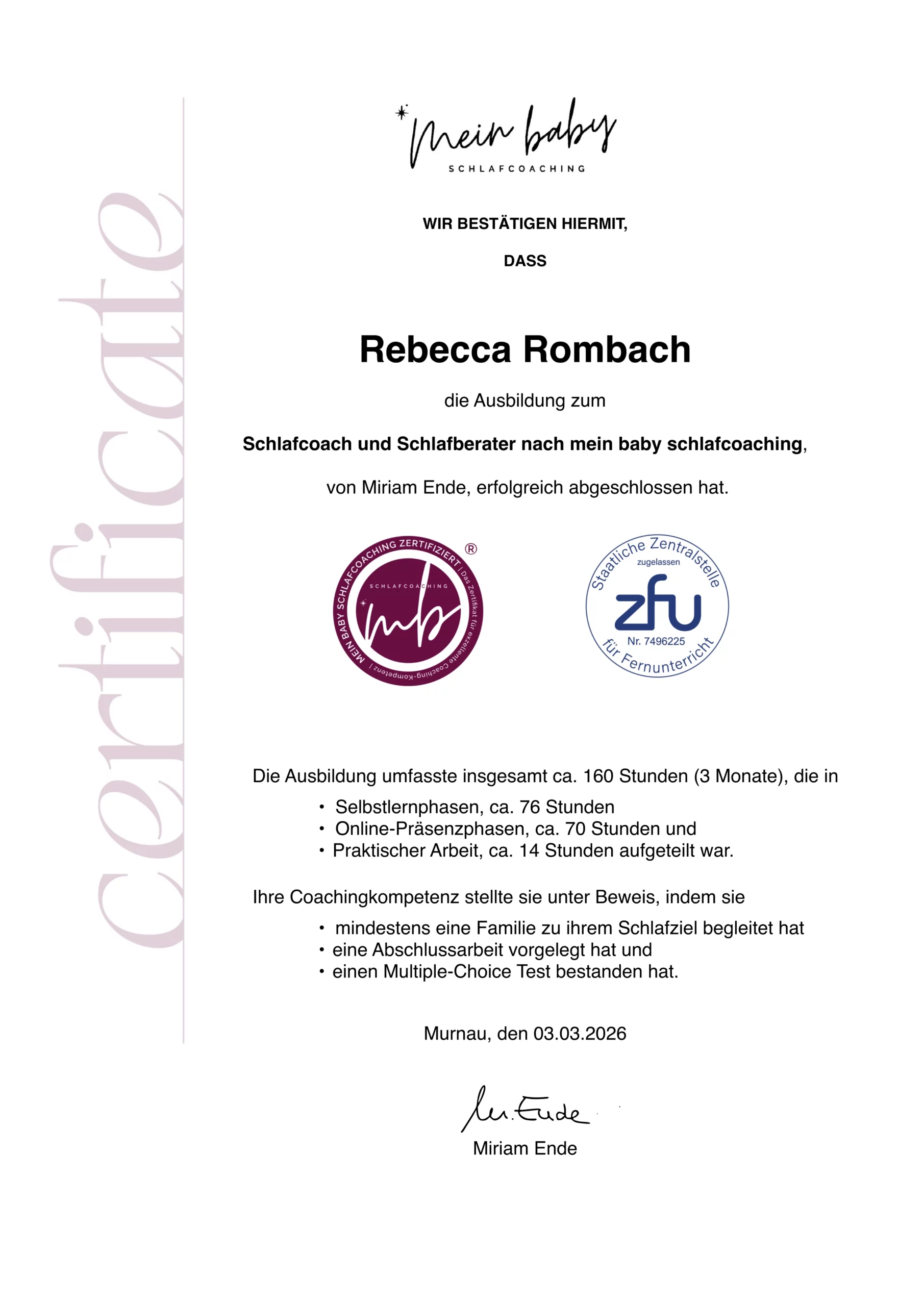 Zertifikat Rebecca Rombach
